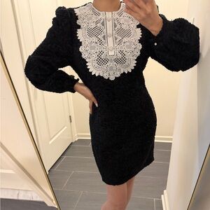 NWOT White Lace Detail Black Puff Dress